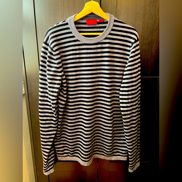 Hugo Boss Sweater Mens XXL Grey Black Striped Crew Neck 100% Cashmere Pullover